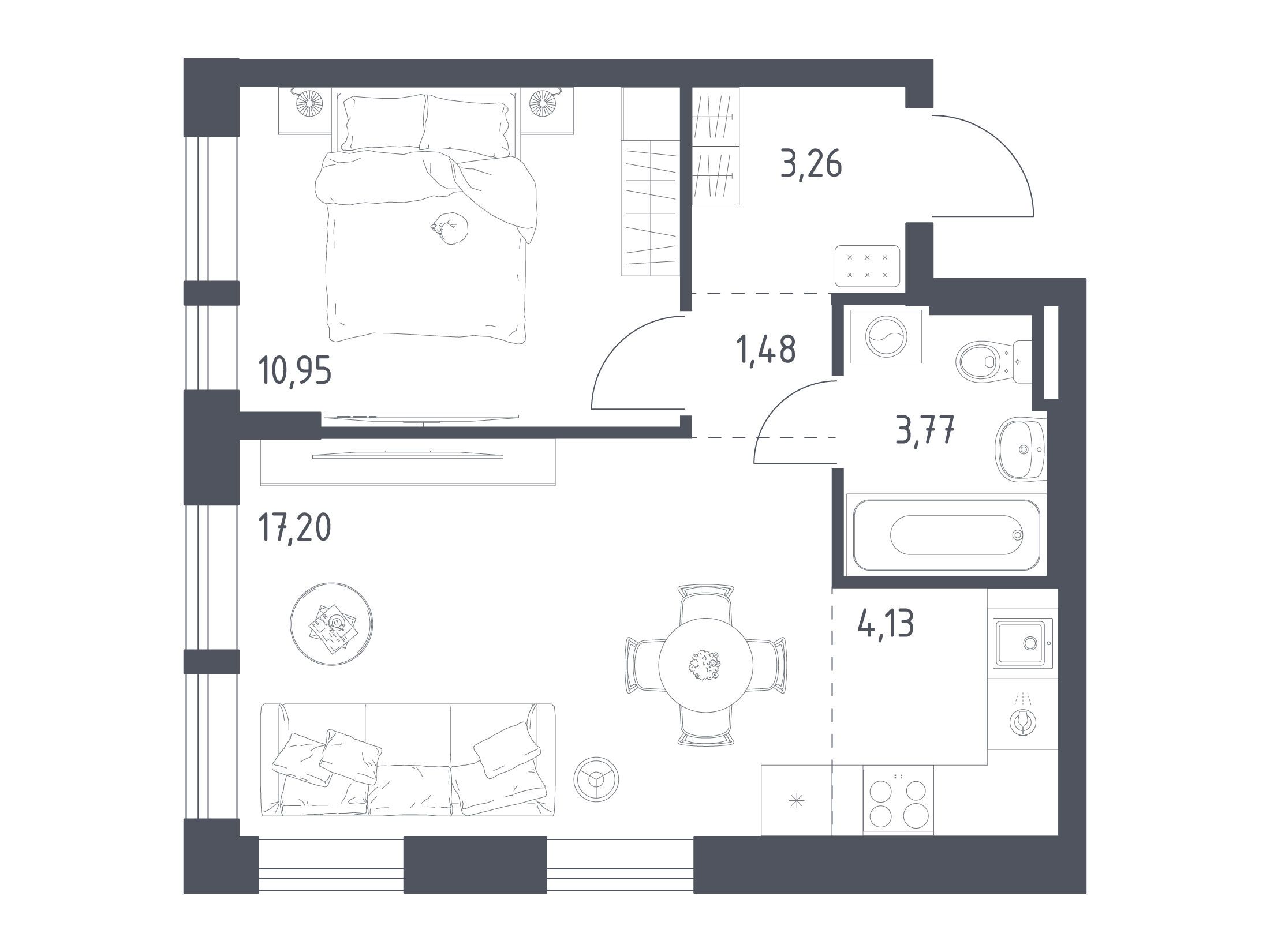 Планировка: 1-комн. квартира 40.79 м² в новостройке Квартал Авиаторов