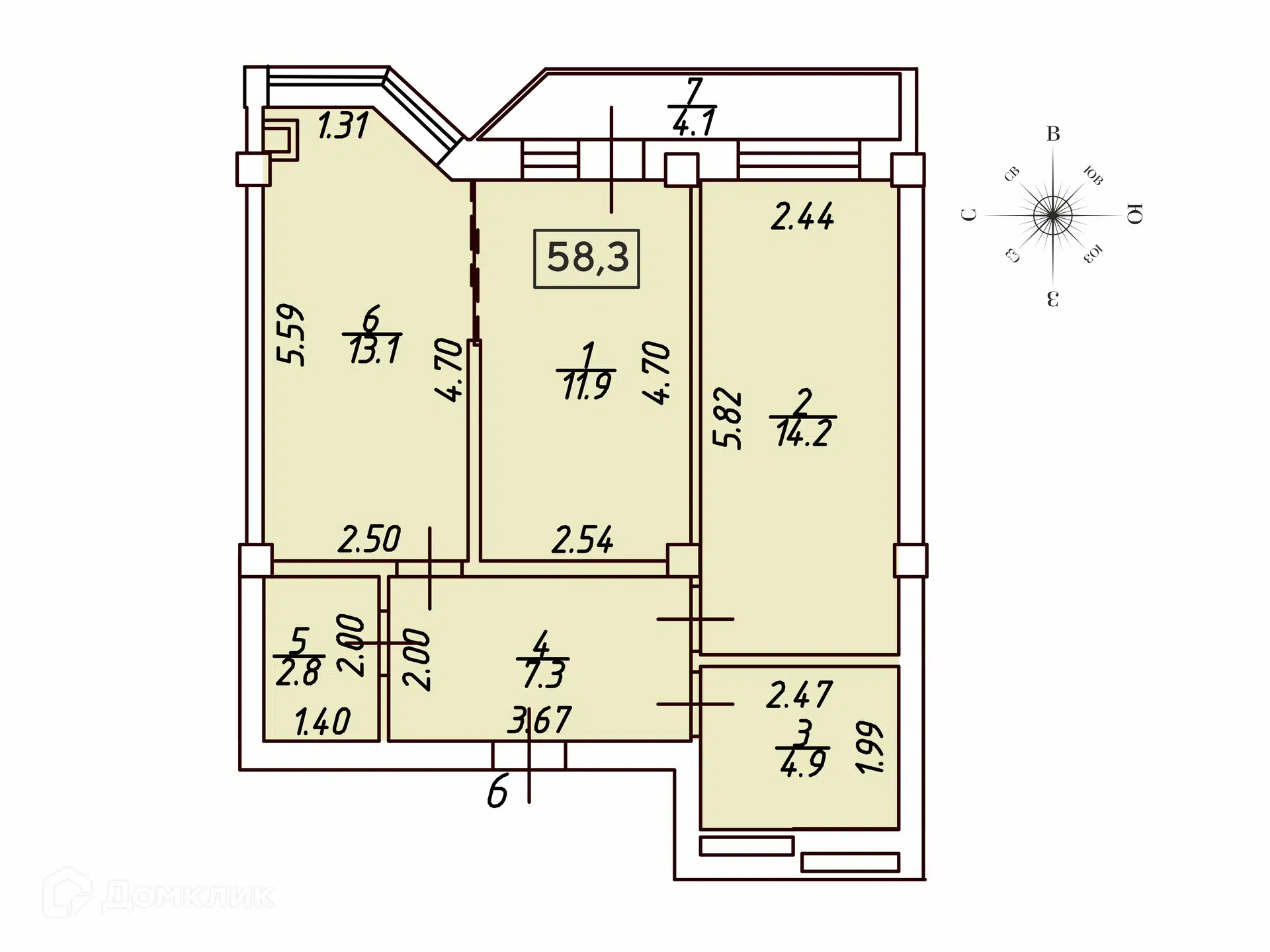 Планировка: 2-комн. квартира 58.30 м² в новостройке Кленовая роща