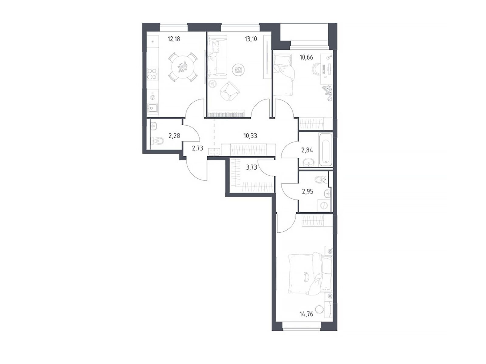 Планировка: 3-комн. квартира 75.56 м² в новостройке Прибрежный Парк