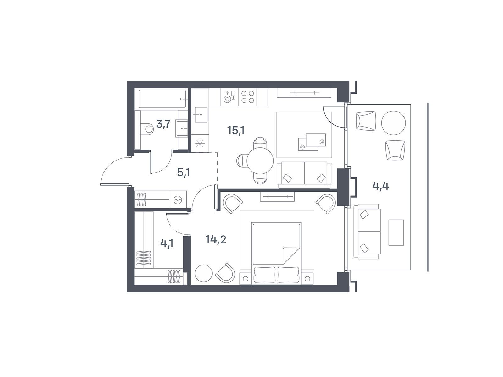 Планировка: 1-комн. квартира 46.60 м² в новостройке ЖК Портленд. Дом на берегу