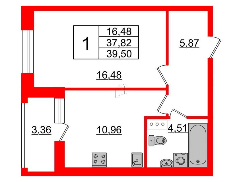 Планировка: 1-комн. квартира 39.50 м² в новостройке Аквилон Лив