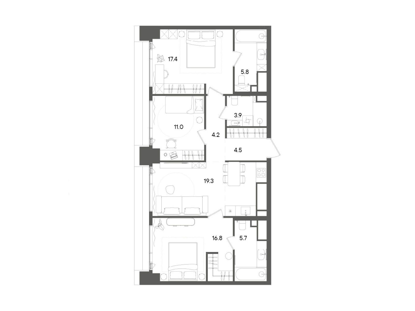 Планировка: 3-комнатная квартира 88.60 м² в новостройке Стоун Грэйн