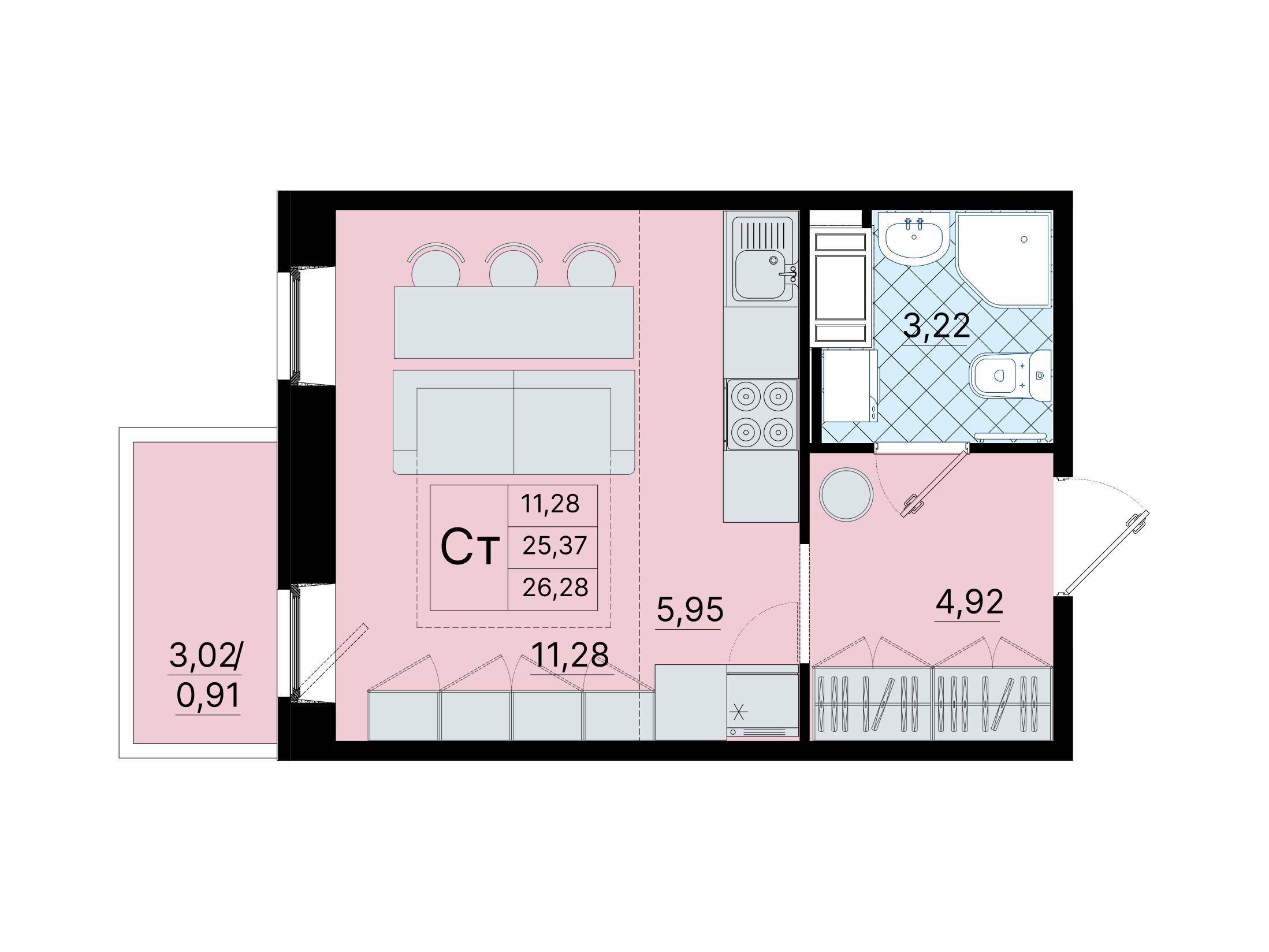 Планировка: Студия 26.30 м² в новостройке Северный меридиан