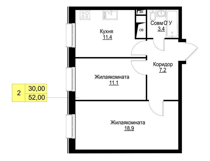 Планировка: 2-комн. квартира 52.00 м² в новостройке Корица