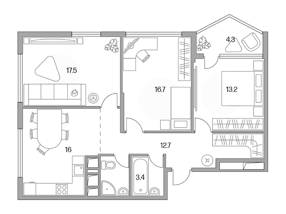 Планировка: 3-комн. квартира 86.90 м² в новостройке Бригантина