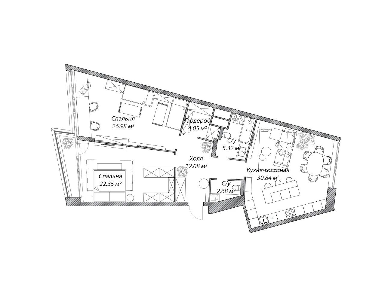 Планировка: 3-комн. квартира 104.40 м² в новостройке Рублево
