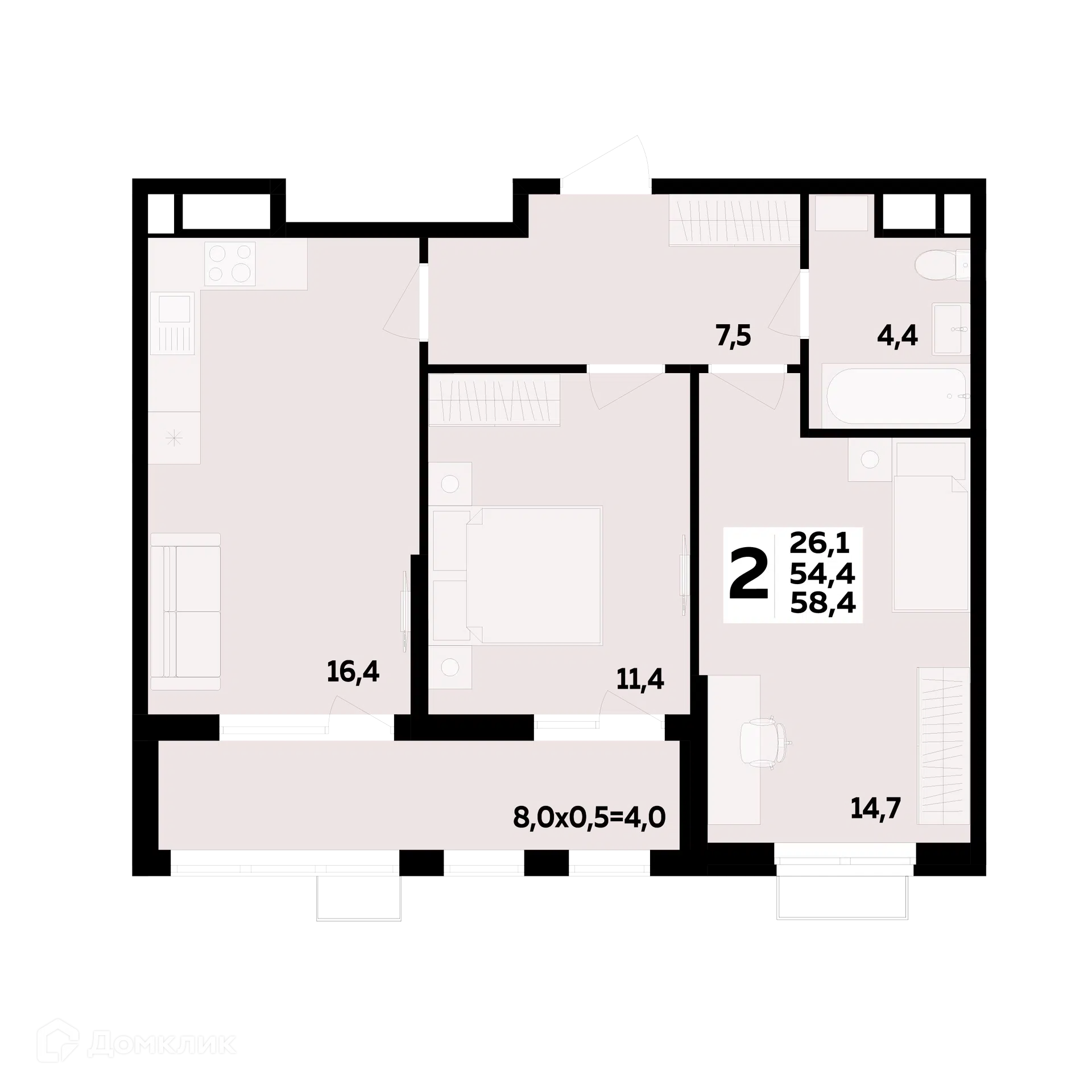 Планировка: 2-комн. квартира 58.40 м² в новостройке МегаСити