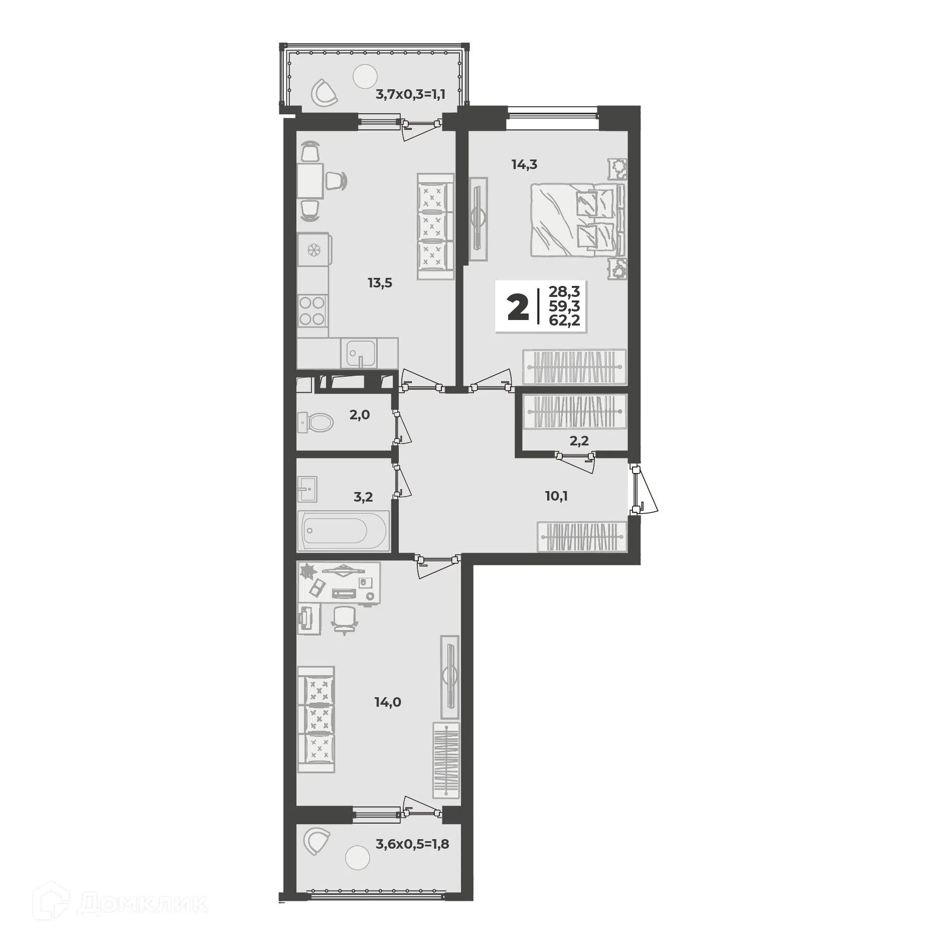 Планировка: 2-комн. квартира 62.20 м² в новостройке Лето