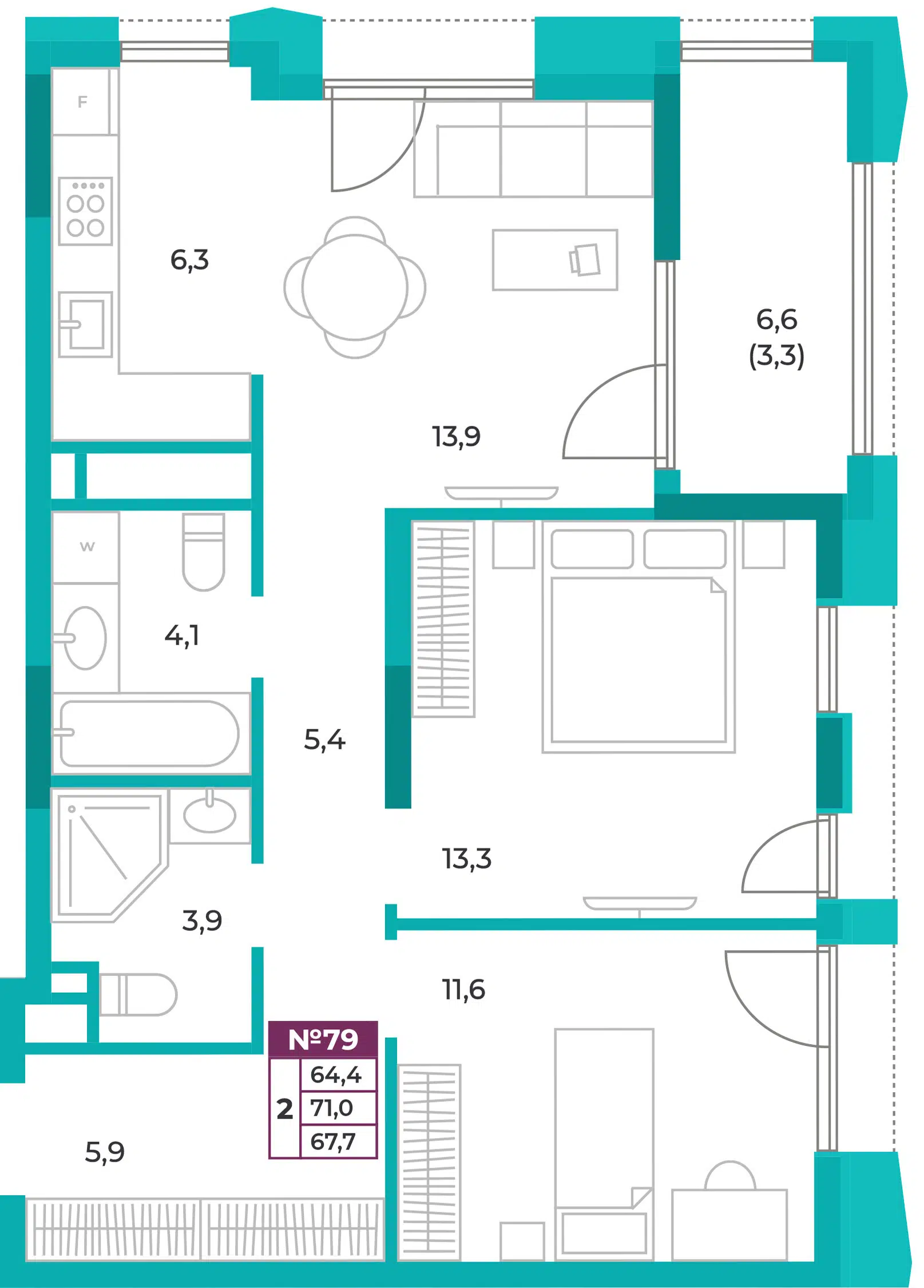 Планировка: 2-комн. квартира 67.70 м² в новостройке ЖК Омега