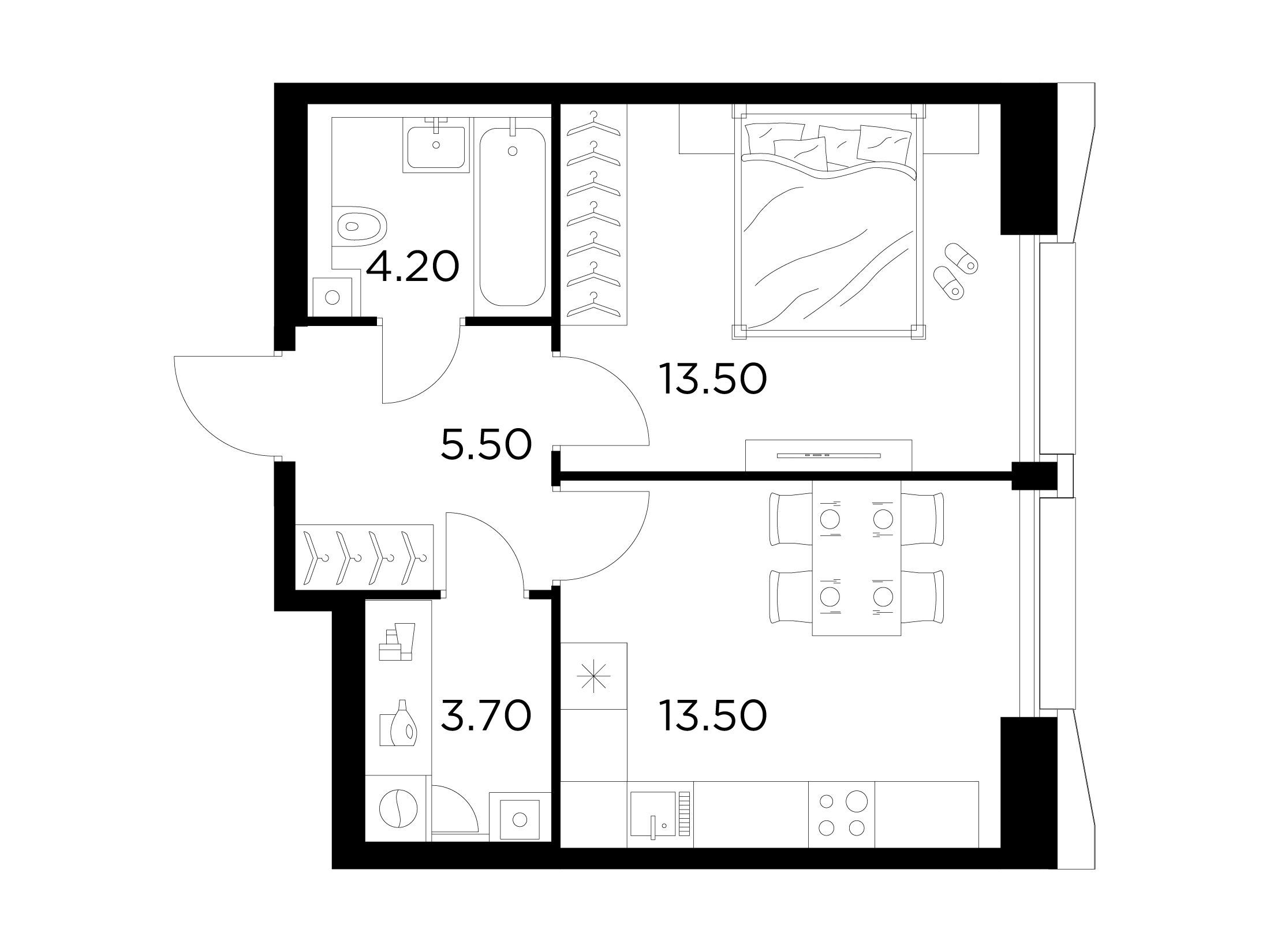 Планировка: 2-комн. квартира 40.40 м² в новостройке Инджой