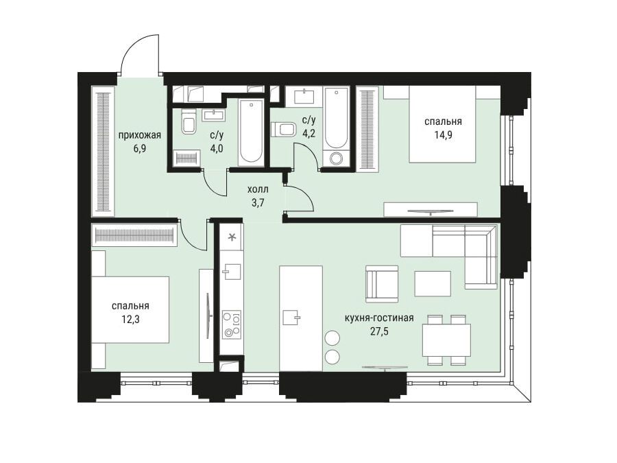 Планировка: 2-комн. квартира 76.00 м² в новостройке Шелепиха