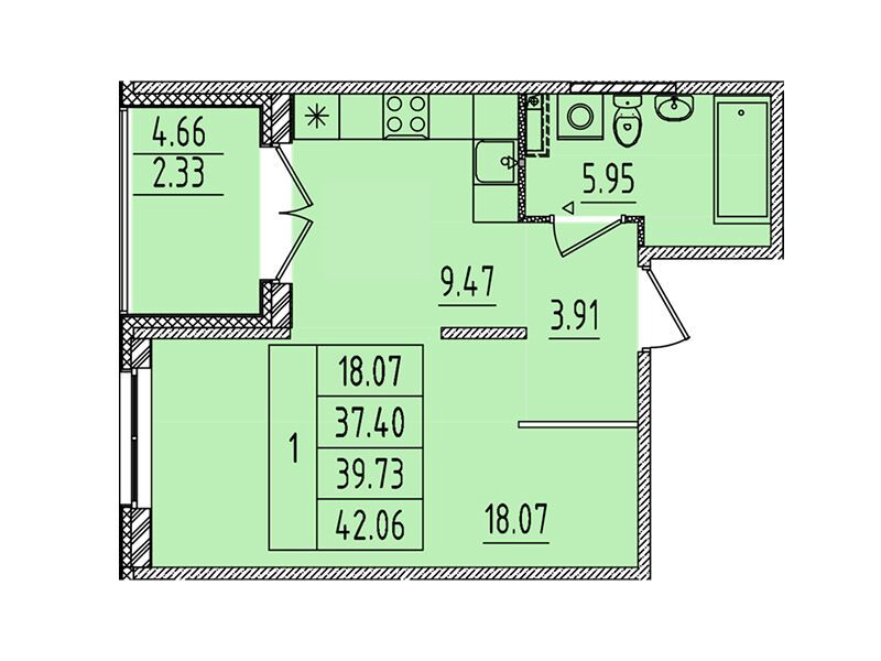 Планировка: 1-комн. квартира 37.40 м² в новостройке Образцовый квартал 14