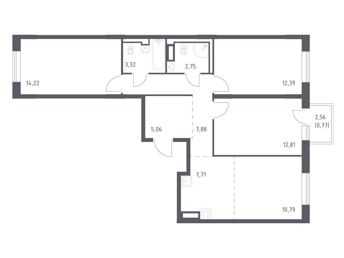 Планировка: 3-комн. квартира 77.70 м² в новостройке Лаголово