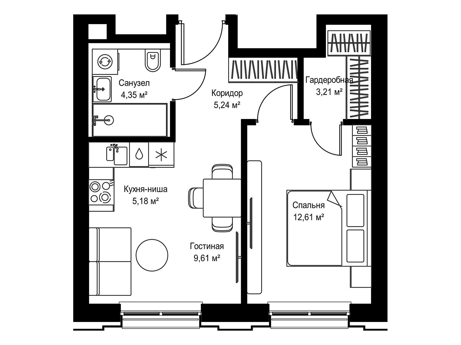 Планировка: 1-комн. квартира 40.20 м² в новостройке Селигер Сити