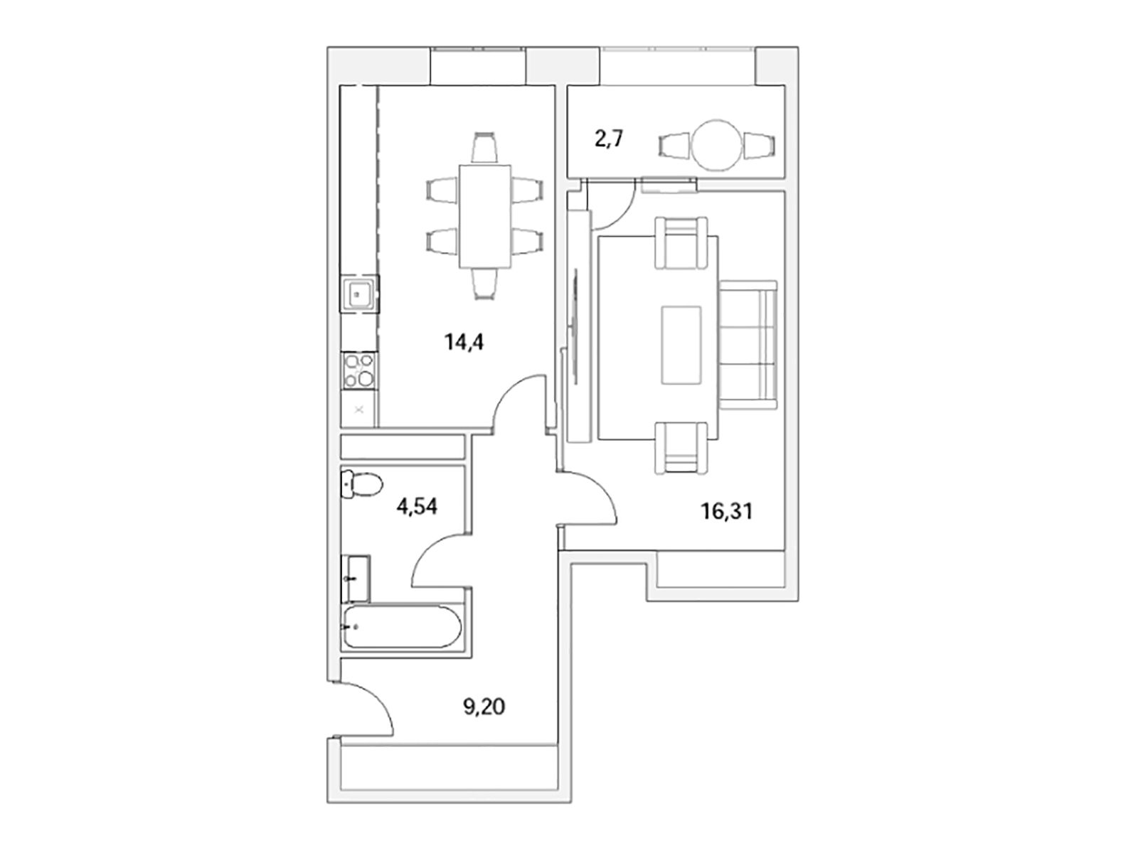 Планировка: 1-комн. квартира 45.80 м² в новостройке Бруно