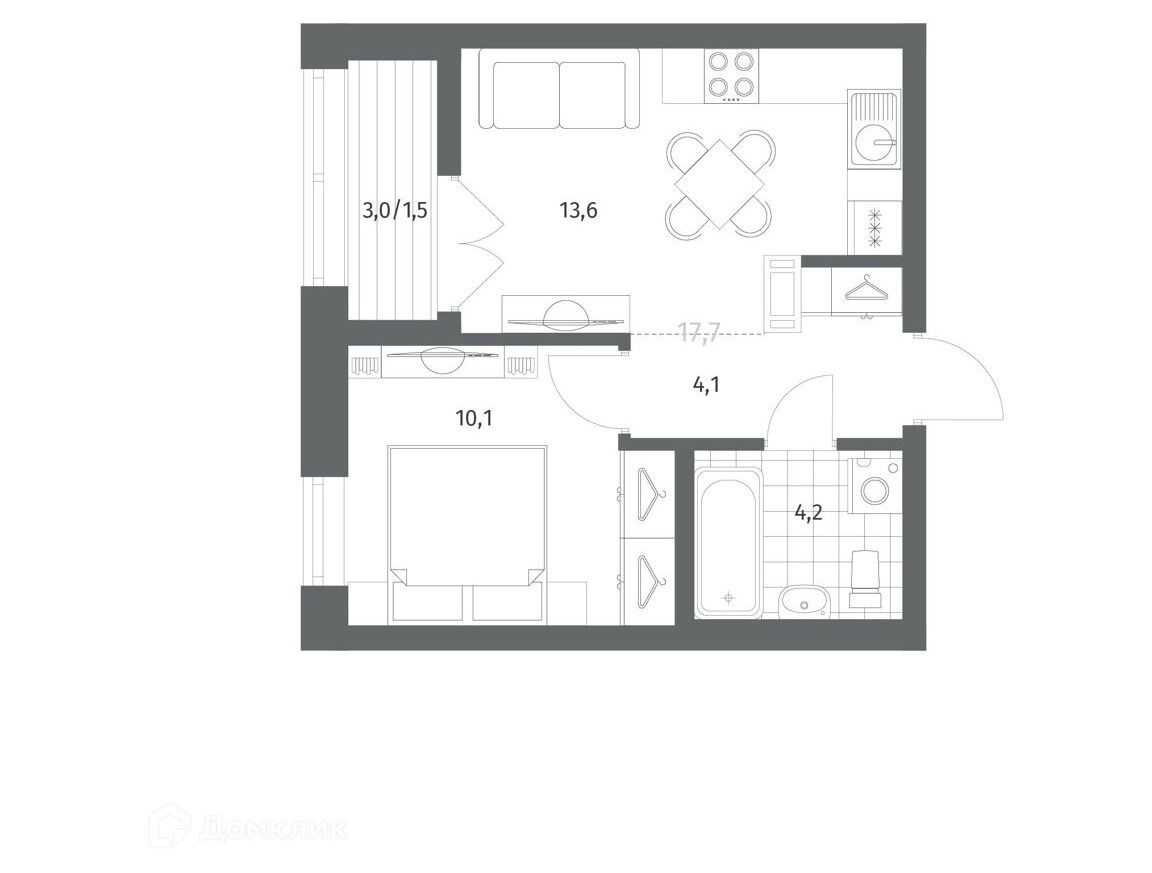 Планировка: 1-комн. квартира 33.49 м² в новостройке Ньюпитер