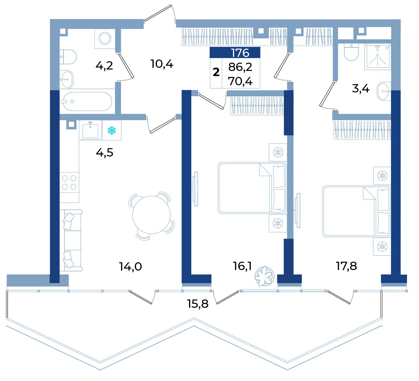 Планировка: 2-комн. квартира 86.20 м² в новостройке Комплекс апартаментов Эфириум