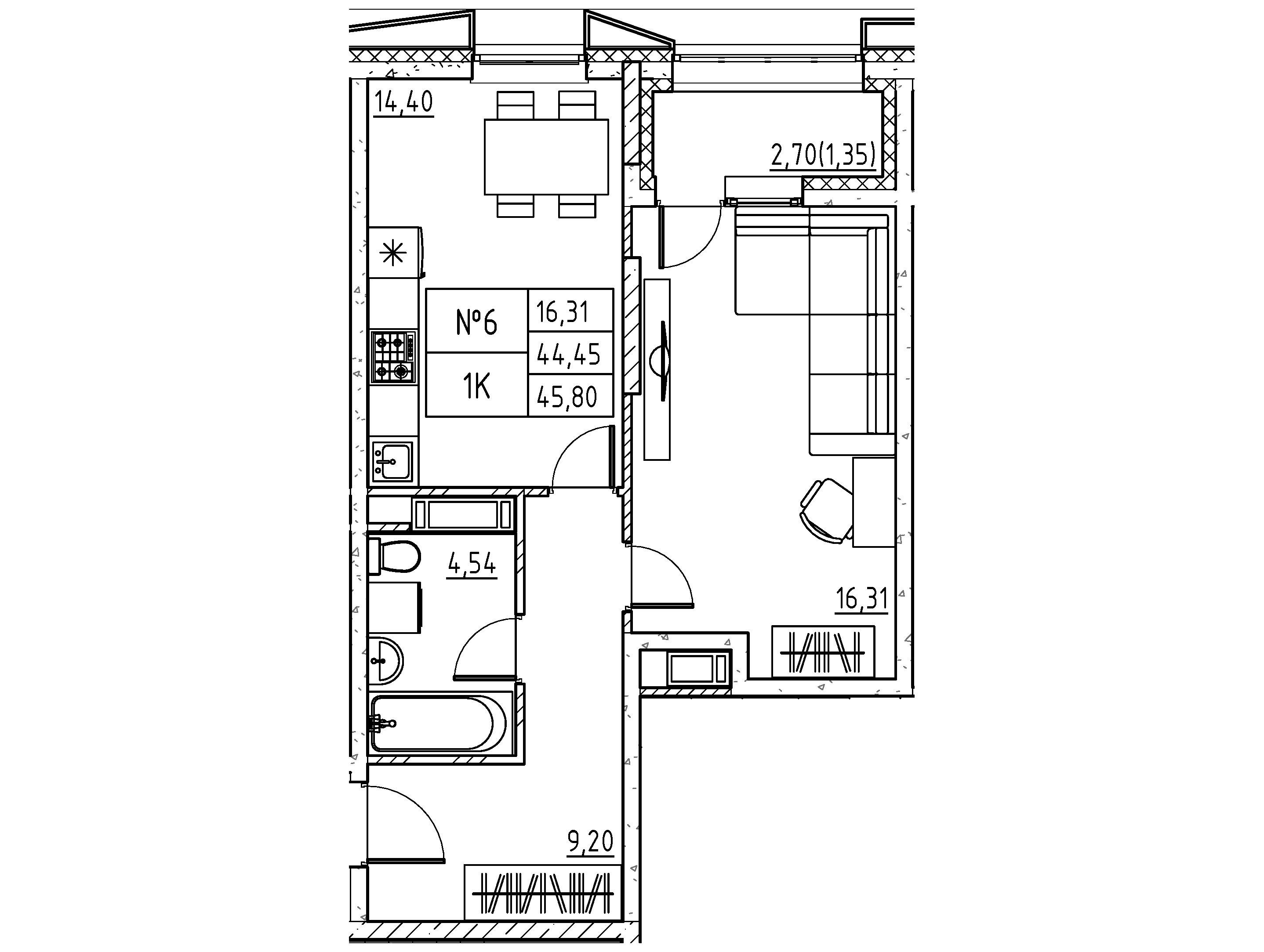 Планировка: Студия 45.80 м² в новостройке Бруно