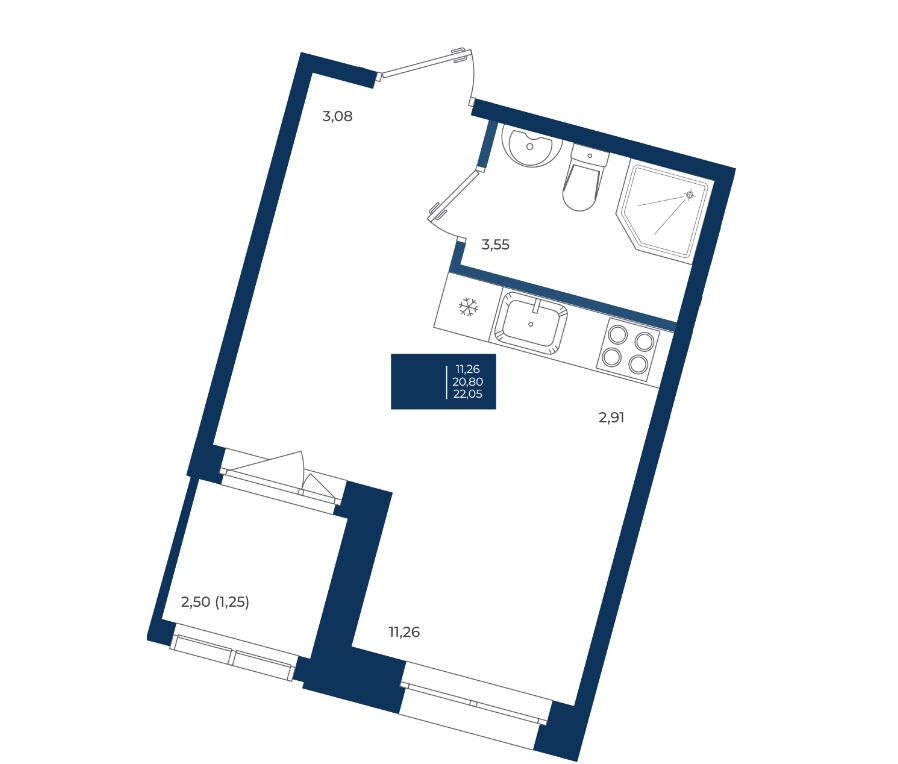 Планировка: Студия 22.05 м² в новостройке Новатория
