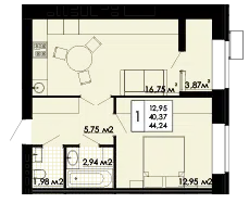 Планировка: 1-комн. квартира 42.31 м² в новостройке Белые Росы