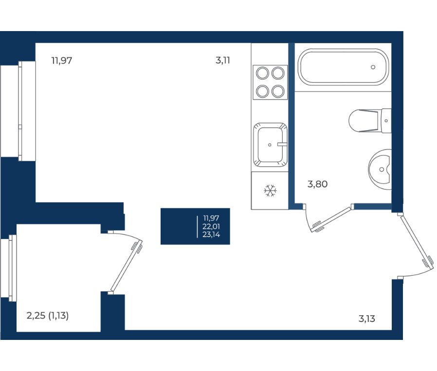Планировка: Студия 23.14 м² в новостройке Новатория