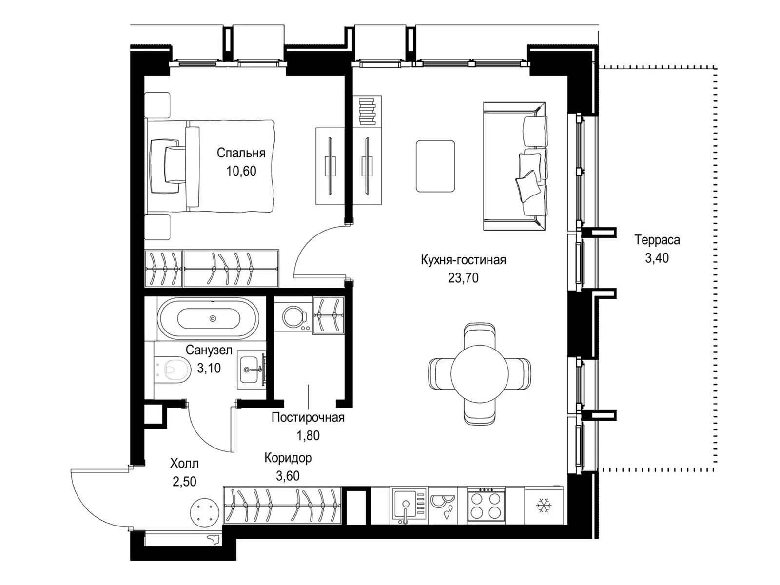 Планировка: 1-комн. квартира 48.70 м² в новостройке Ситидзен
