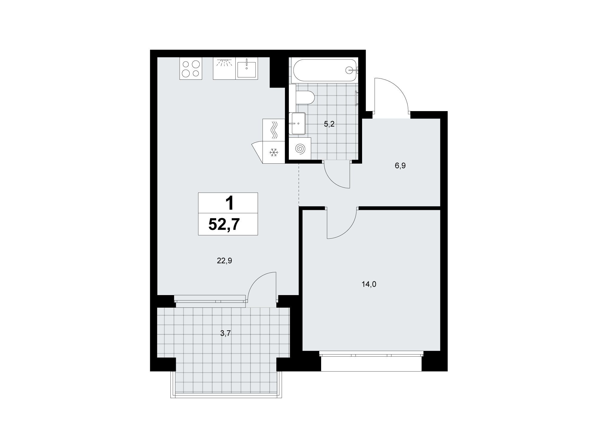 Планировка: 1-комн. квартира 52.70 м² в новостройке Хольм