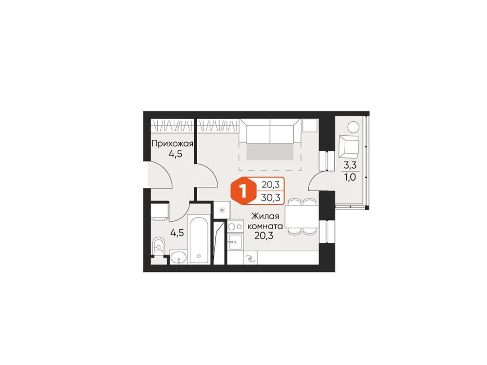 Планировка: Студия 28.90 м² в новостройке Идеал