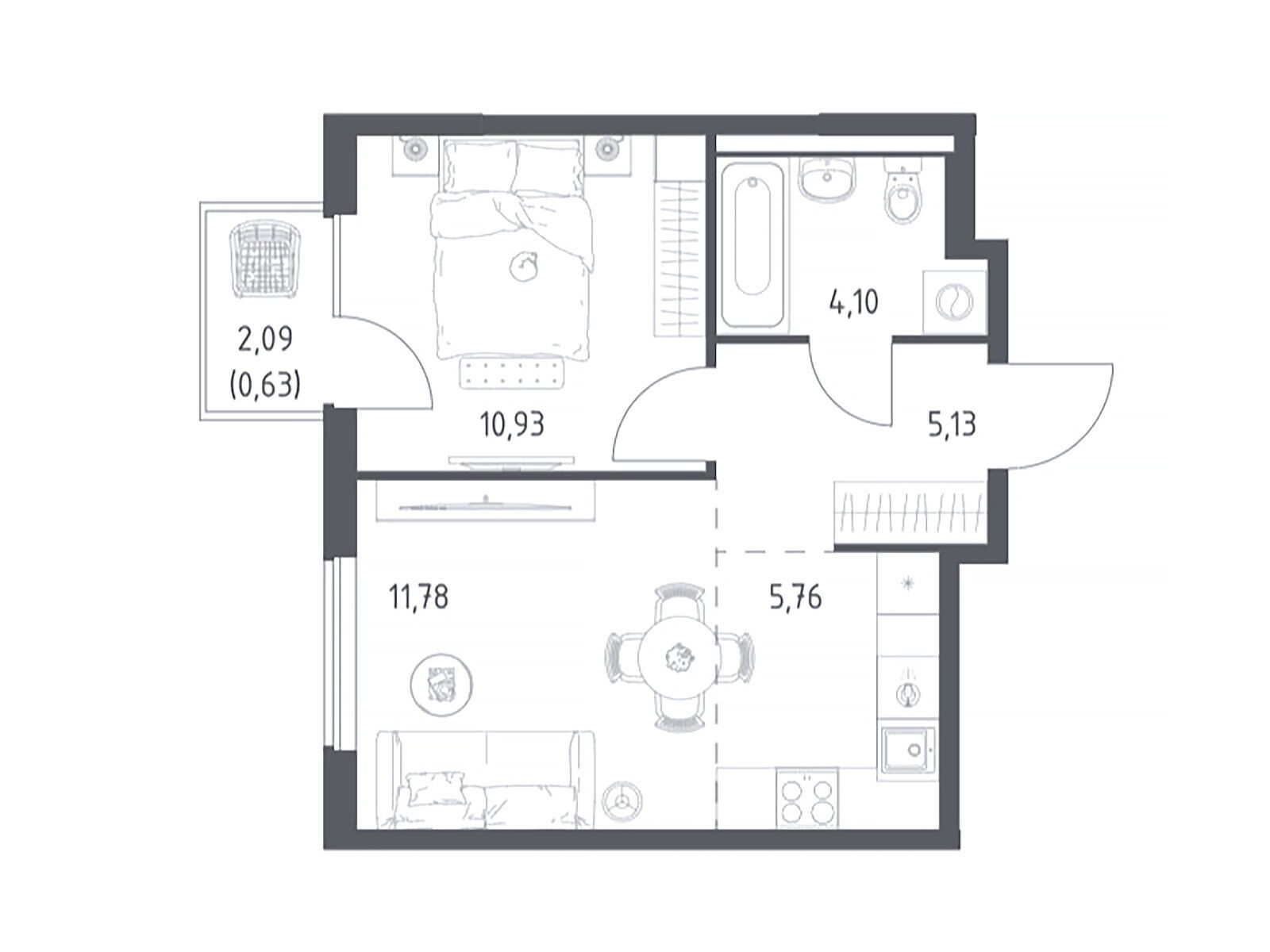 Планировка: 1-комн. квартира 38.33 м² в новостройке Горки Парк
