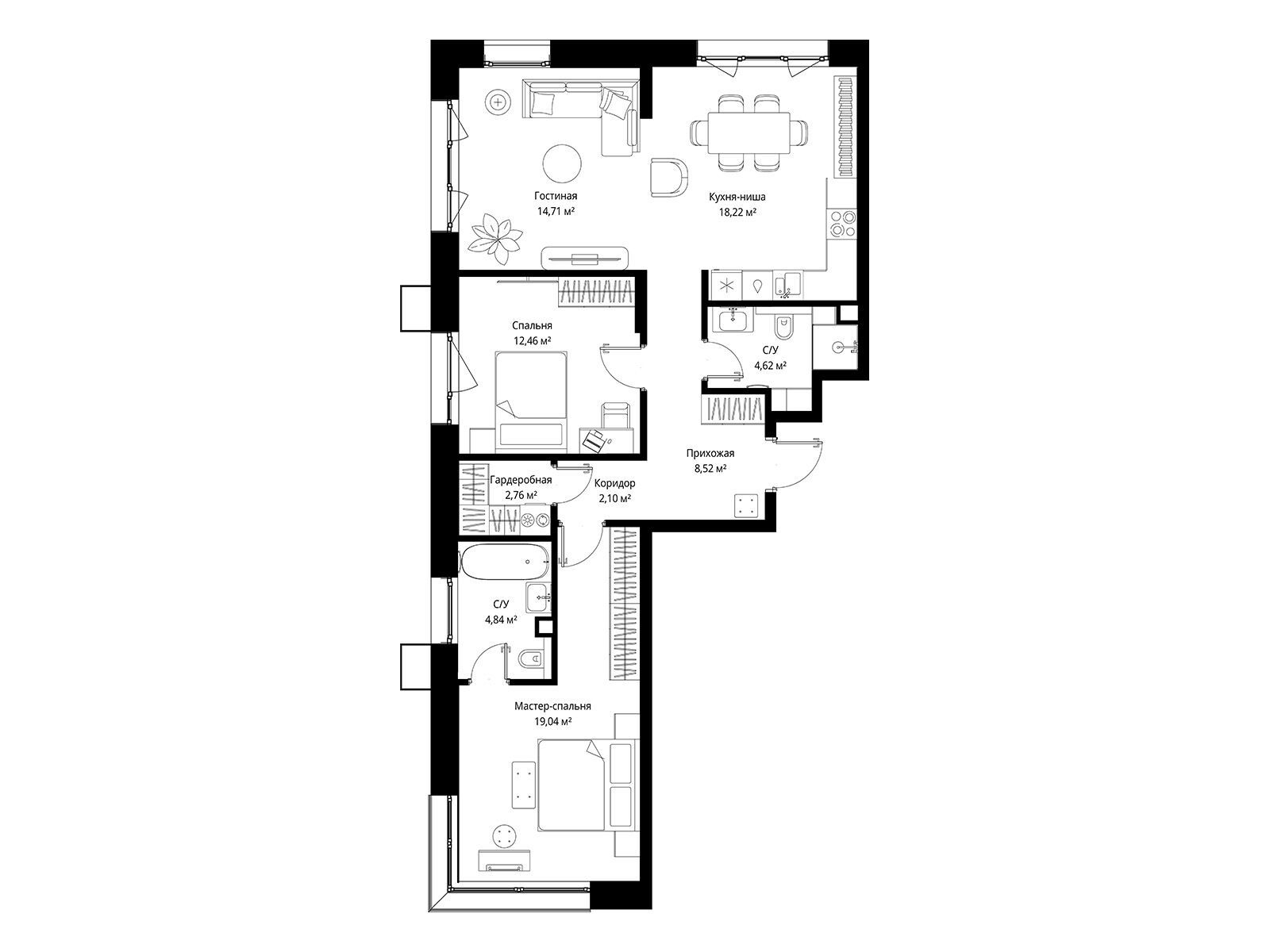 Планировка: 2-комн. квартира 87.27 м² в новостройке Мыс