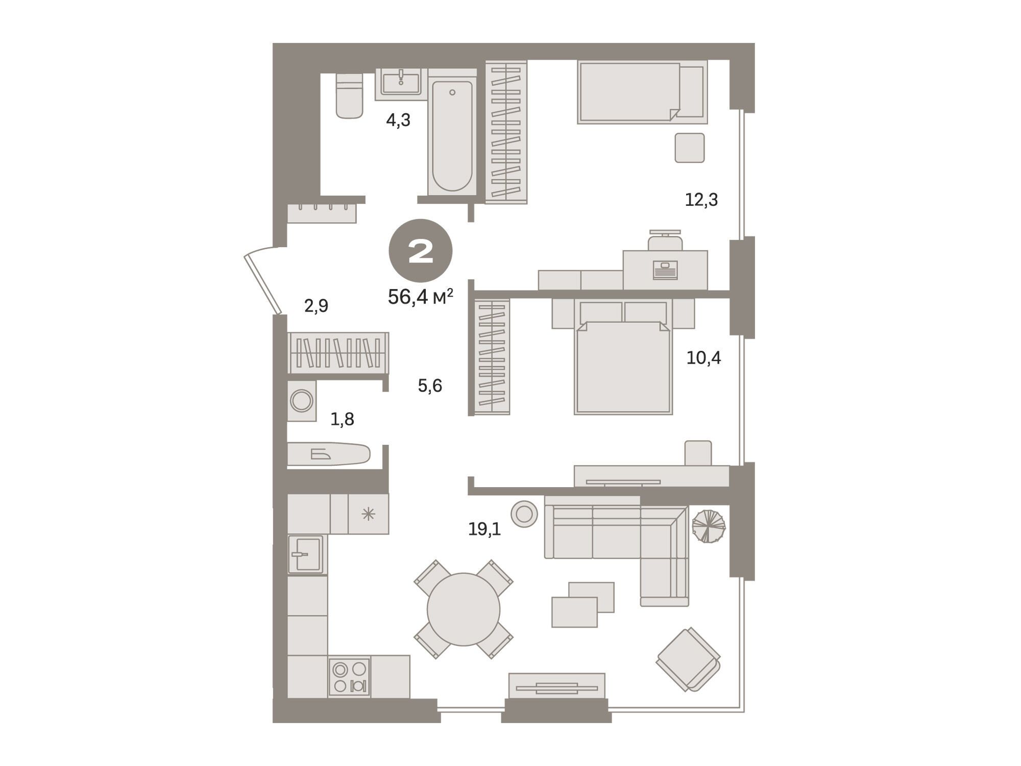 Планировка: 2-комн. квартира 56.40 м² в новостройке Квартал Герцена