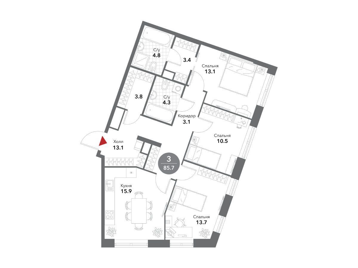 Планировка: 3-комн. квартира 85.50 м² в новостройке Воксхолл