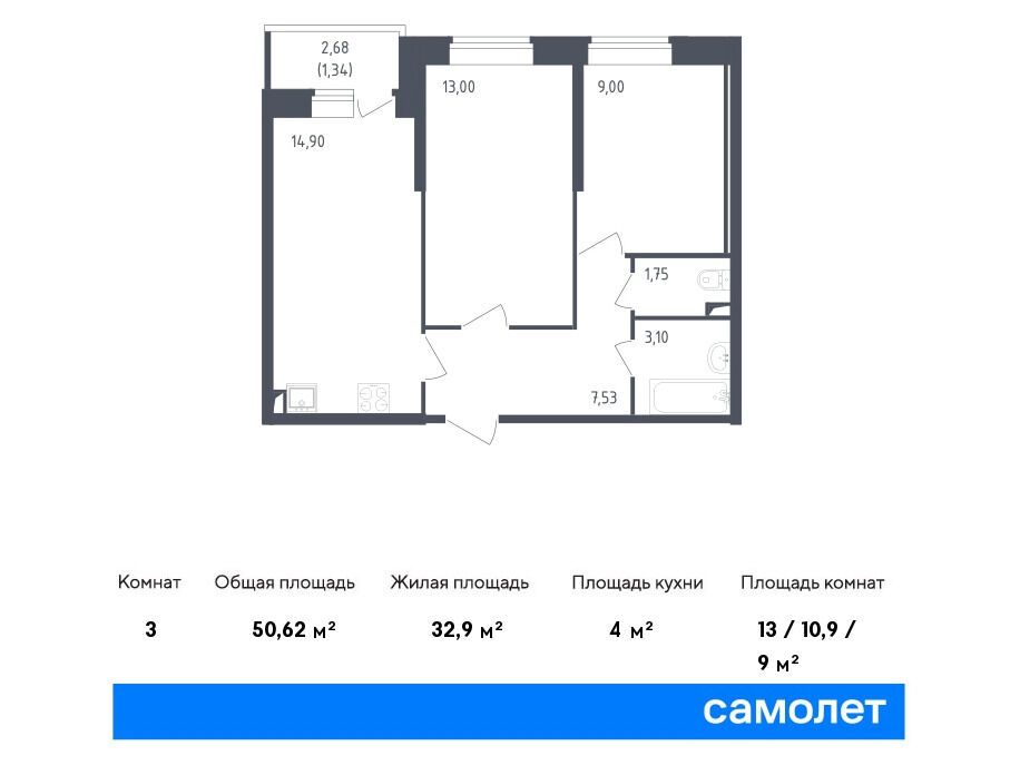 Планировка: 2-комн. квартира 50.62 м² в новостройке Живи! В Рыбацком