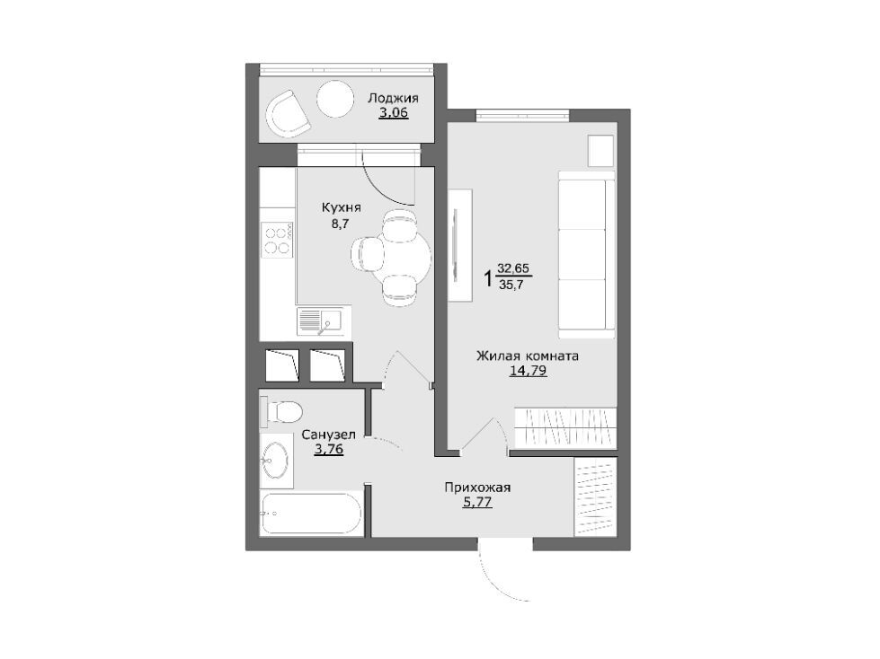 Планировка: 1-комн. квартира 35.70 м² в новостройке Клевер