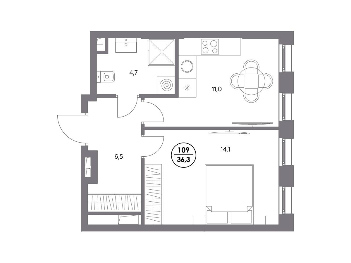 Планировка: 1-комн. квартира 36.30 м² в новостройке ЖК Адмирал