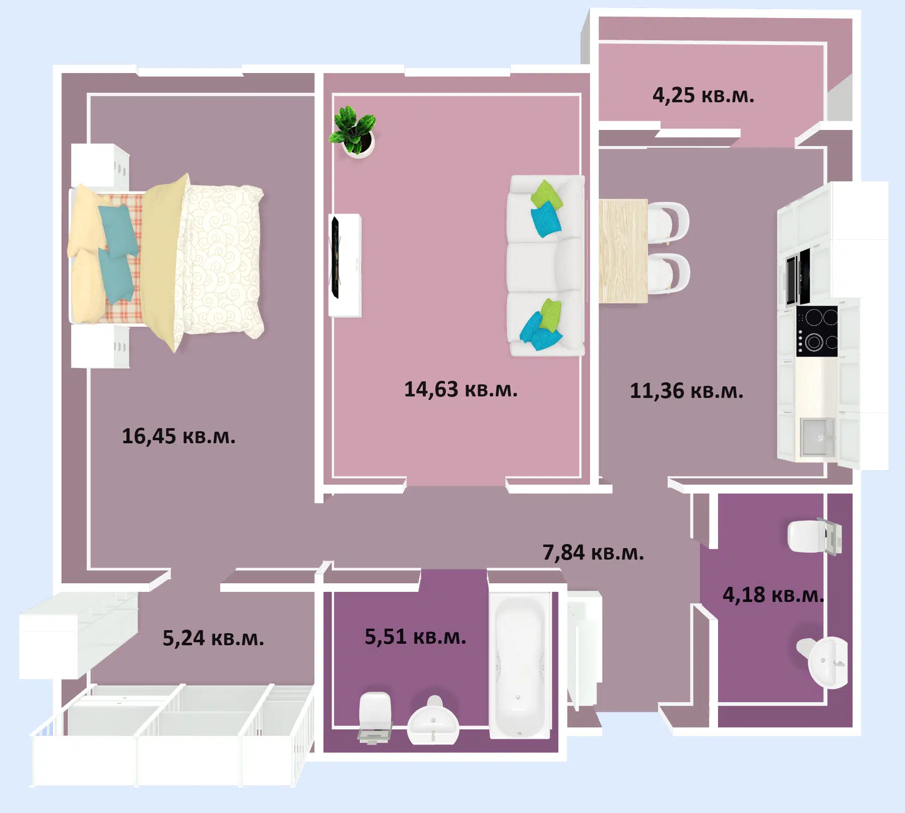 Планировка: 2-комн. квартира 69.46 м² в новостройке Успех