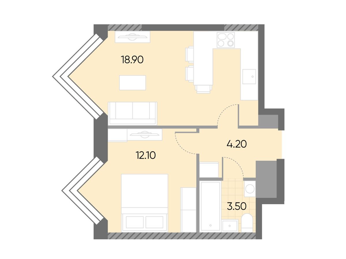 Планировка: 1-комн. квартира 38.70 м² в новостройке Вейв