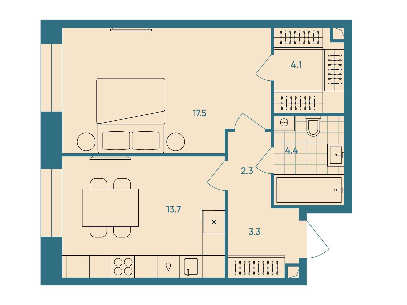 Планировка: 1-комн. квартира 45.50 м² в новостройке ЖК ЭРА