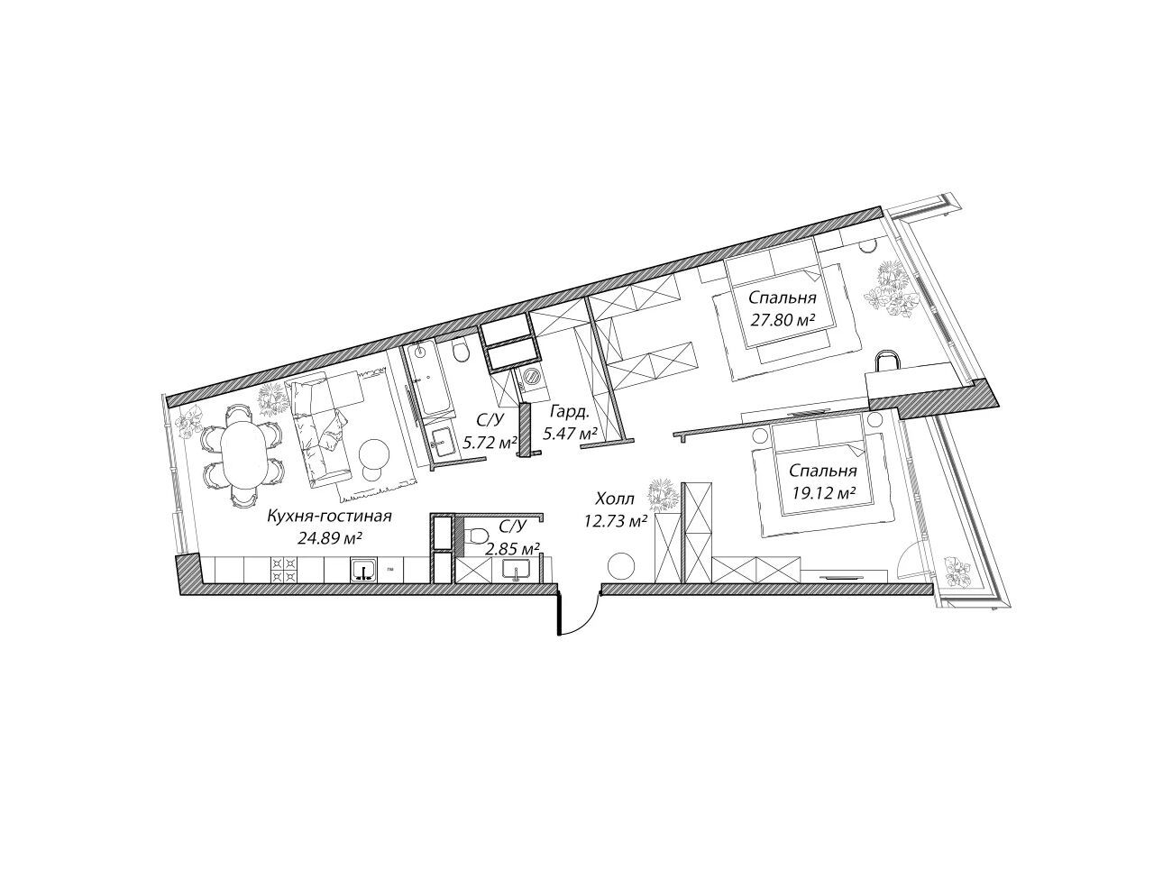Планировка: 3-комн. квартира 98.60 м² в новостройке Рублево