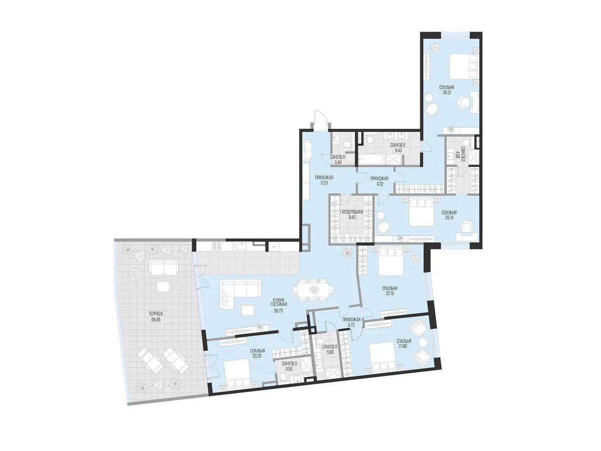 Планировка: 4-комн. квартира 225.51 м² в новостройке Садовническая 69