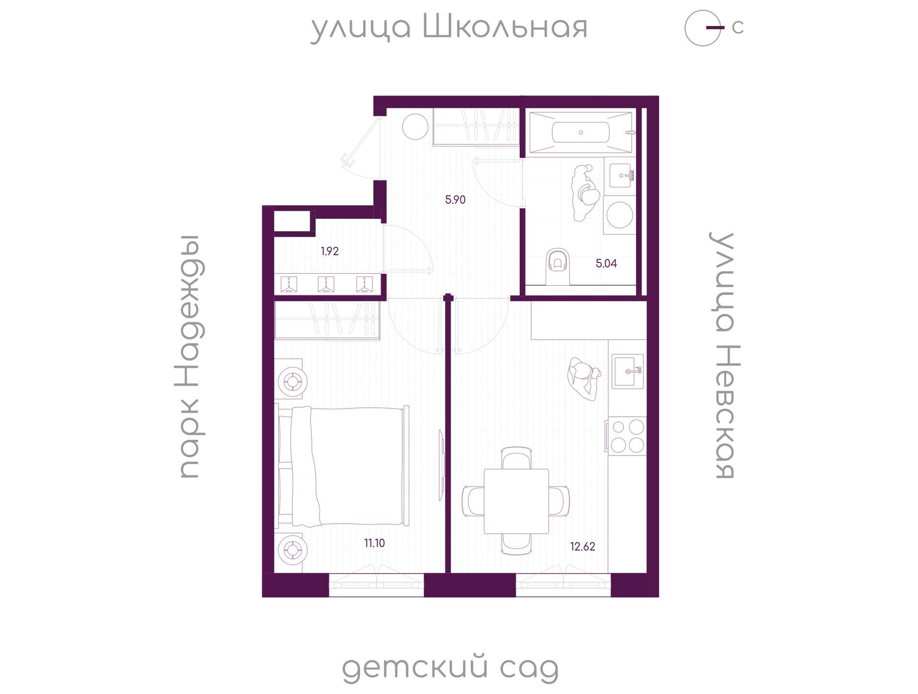 Планировка: 1-комн. квартира 36.58 м² в новостройке Дубровка.Парк