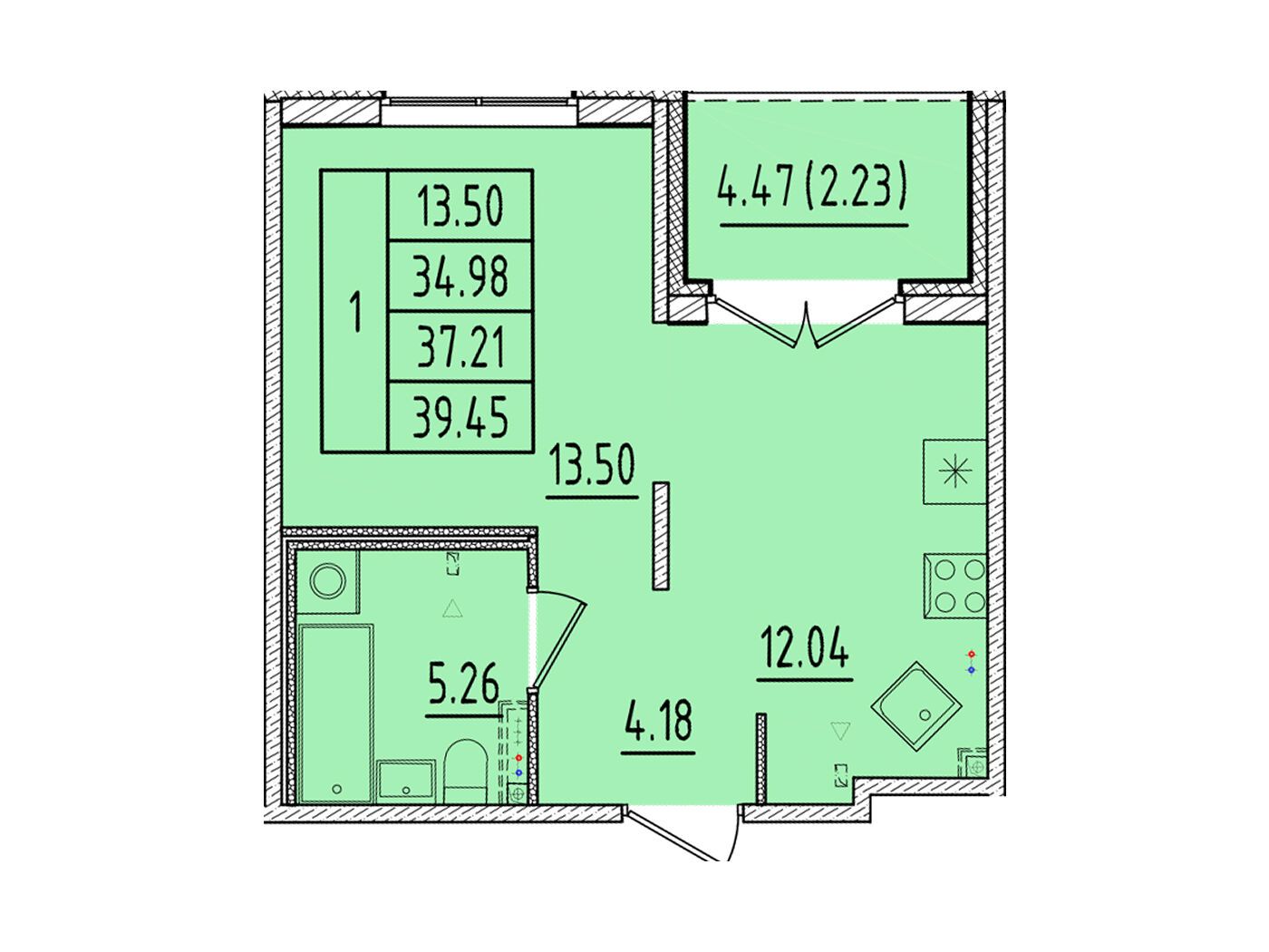Планировка: 1-комн. квартира 34.98 м² в новостройке Образцовый квартал 17
