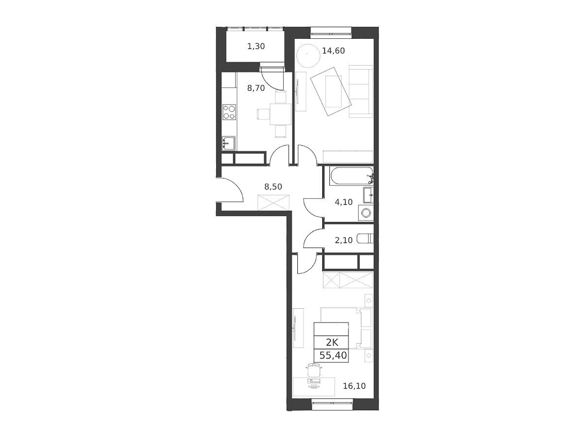 Планировка: 2-комн. квартира 55.40 м² в новостройке Октябрьский