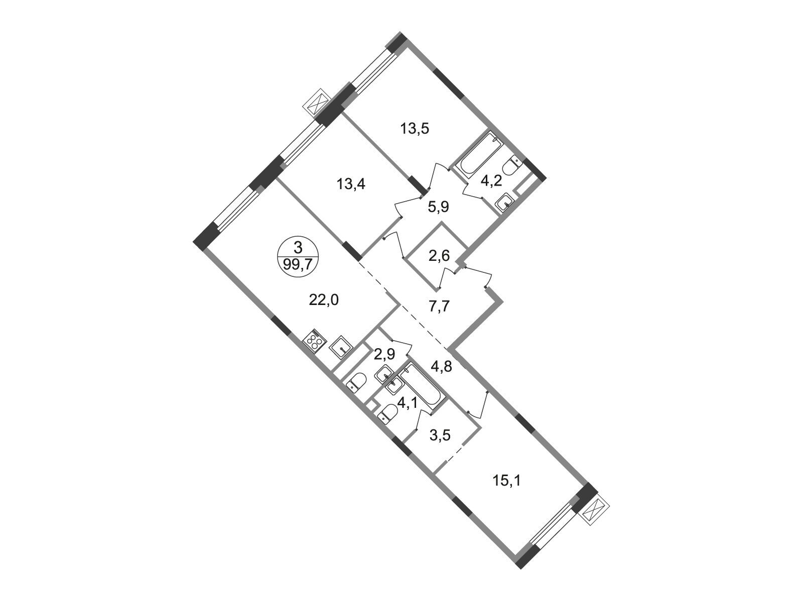 Планировка: 3-комн. квартира 99.70 м² в новостройке Резиденции Сколково