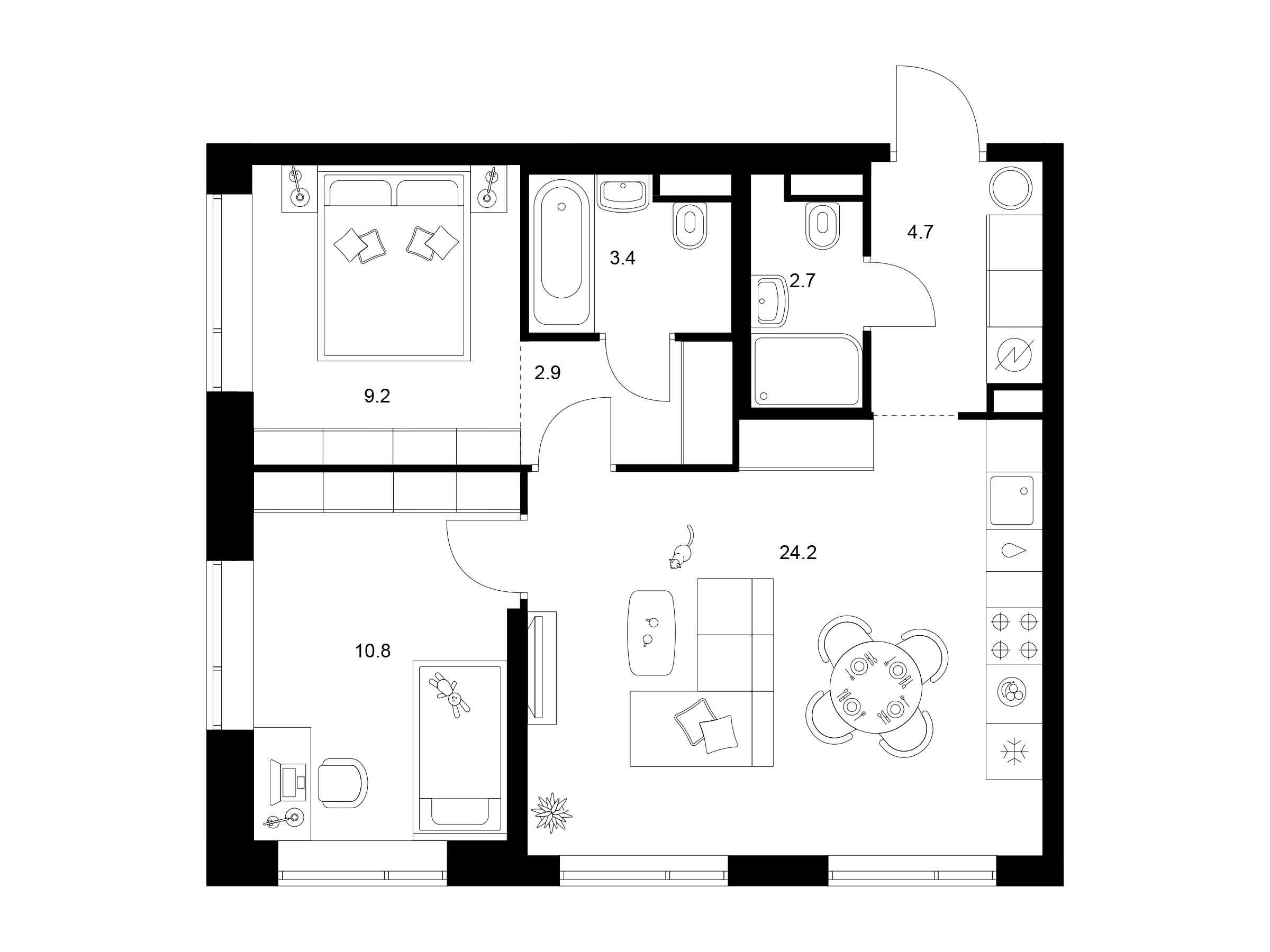 Планировка: 2-комн. квартира 57.90 м² в новостройке Бунинская набережная