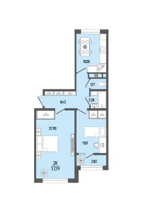 Планировка: 2-комн. квартира 57.39 м² в новостройке Прима