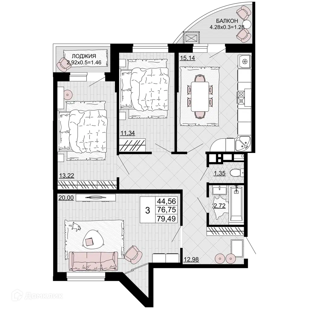 Планировка: 3-комн. квартира 79.49 м² в новостройке Дружба
