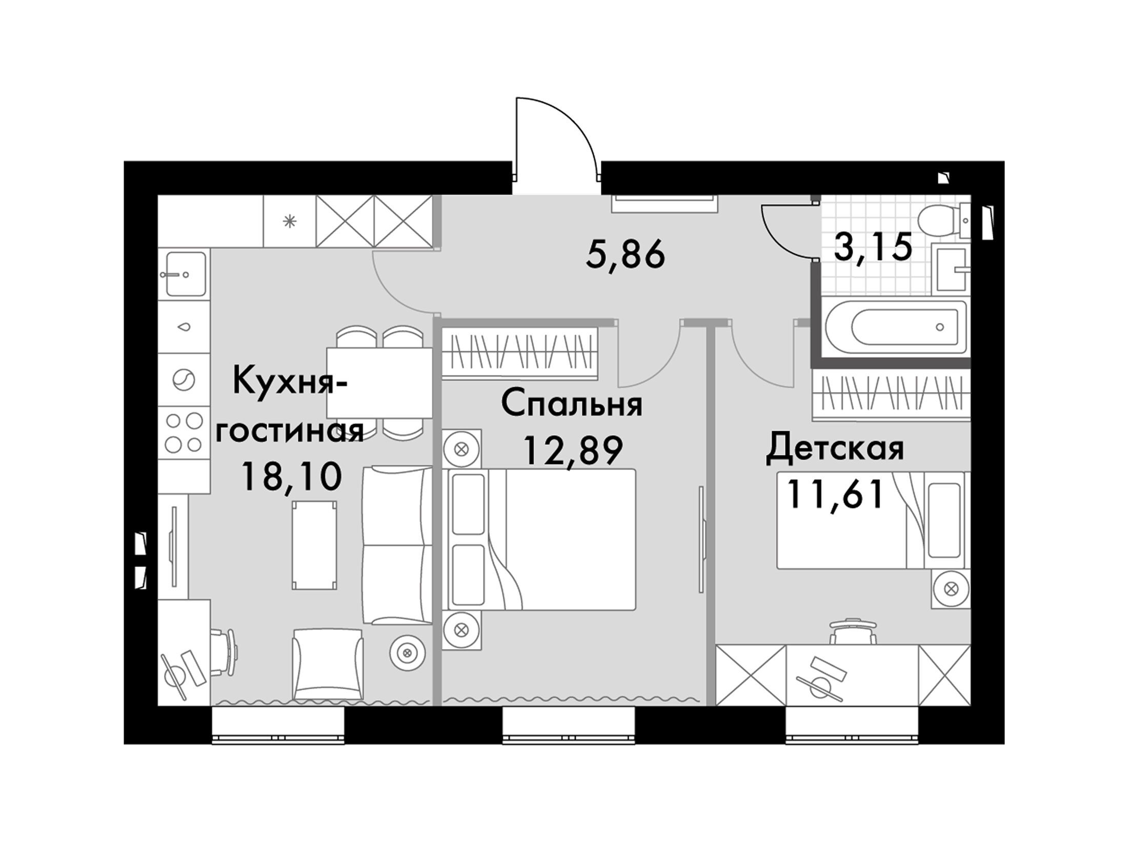 Планировка: 2-комн. квартира 53.10 м² в новостройке Парк Апрель