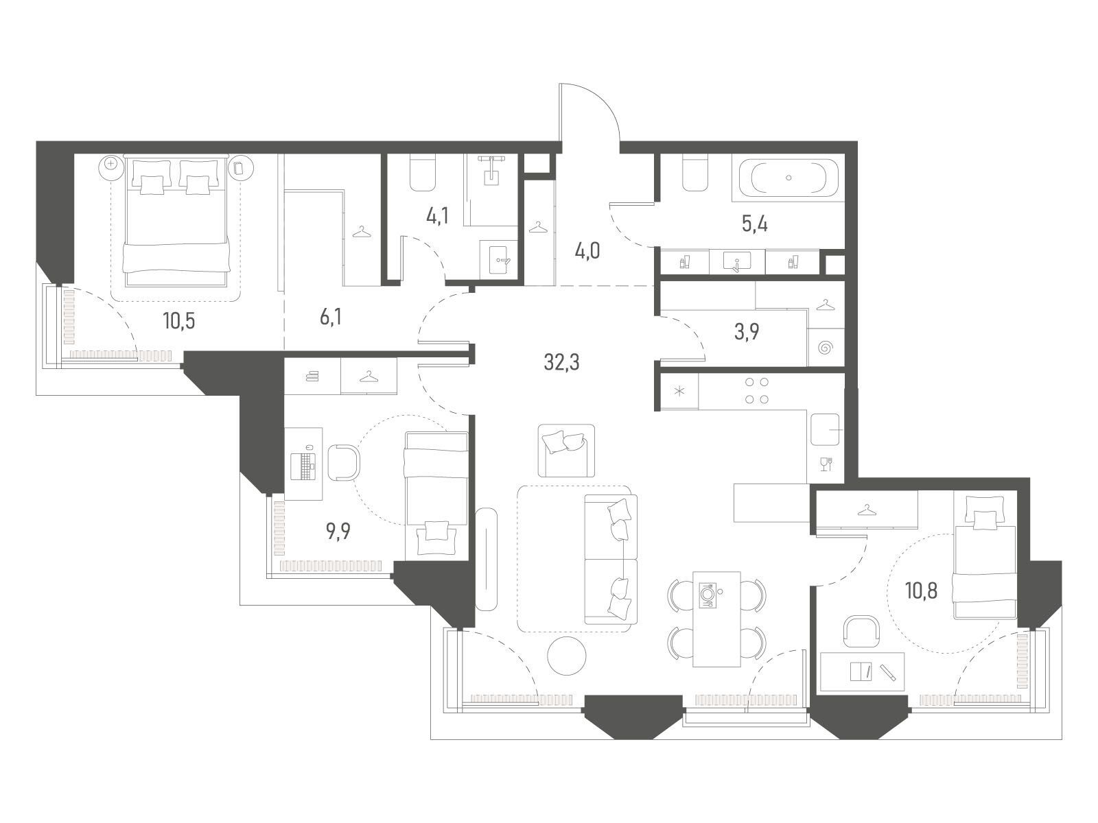Планировка: 3-комнатная квартира 87.00 м² в новостройке Среда на Лобачевского