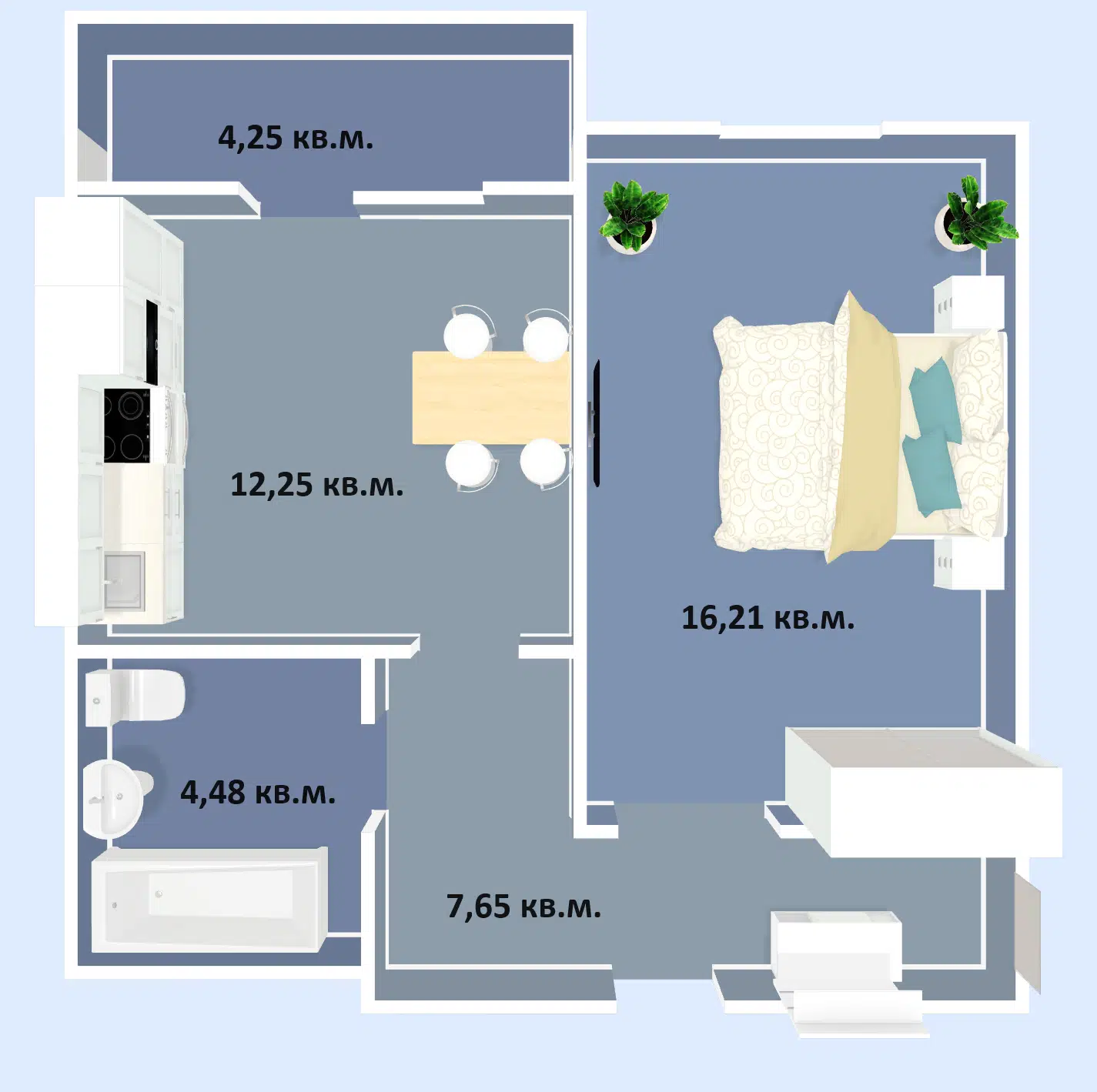 Планировка: 1-комн. квартира 44.84 м² в новостройке Успех
